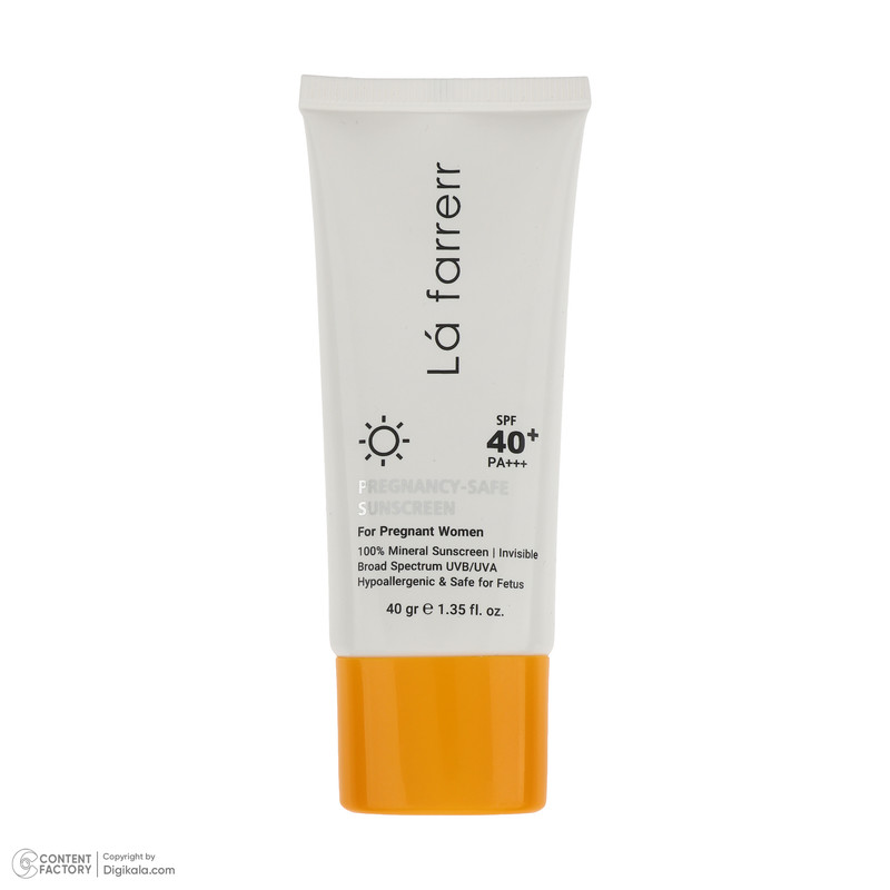 کرم ضد آفتاب بدون رنگ لافارر SPF 40 مدل PREGNANCY SAFE، حاوی محافظ UVA و UVB و PA+++ مناسب پوست بانوان باردار حجم 40 میلیلیتر