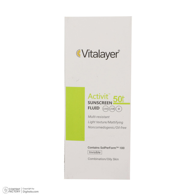 فلوئید ضدآفتاب بیرنگ ویتالیر SPF50 مدل Activit، مناسب پوستهای مختلط و چرب، حجم 50 میلیلیتر