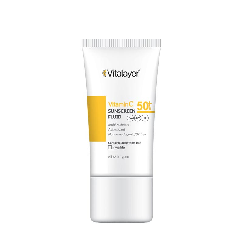 فلوئید ضدآفتاب بیرنگ ویتالیر SPF50 مدل Vitamin C مناسب انواع پوست، حجم 50 میلیلیتر
