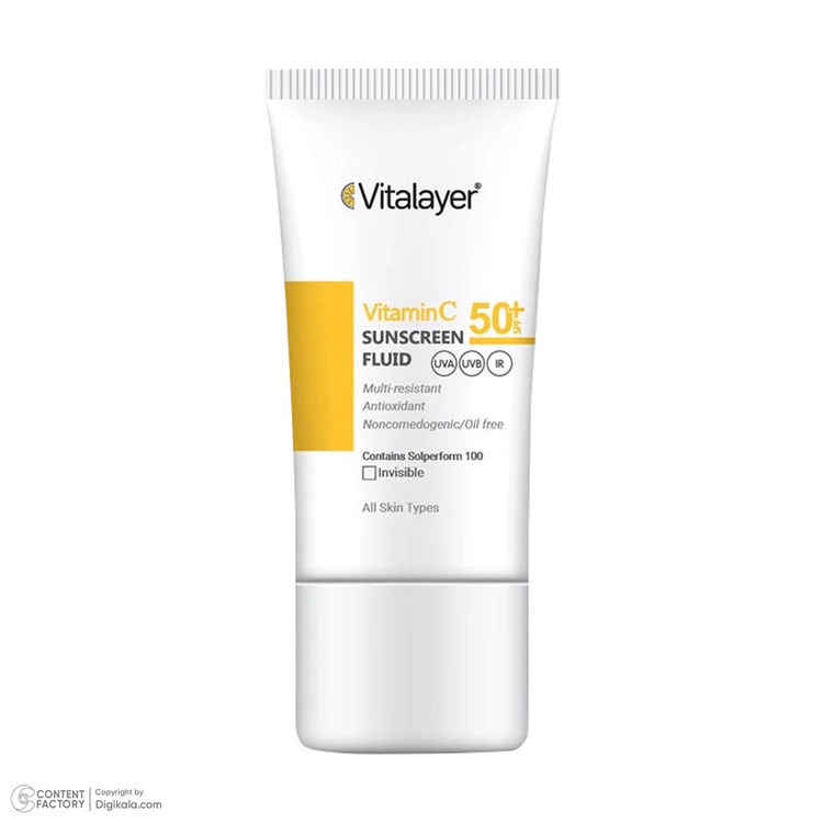 فلوئید ضدآفتاب بیرنگ ویتالیر SPF50 مدل Vitamin C مناسب انواع پوست، حجم 50 میلیلیتر