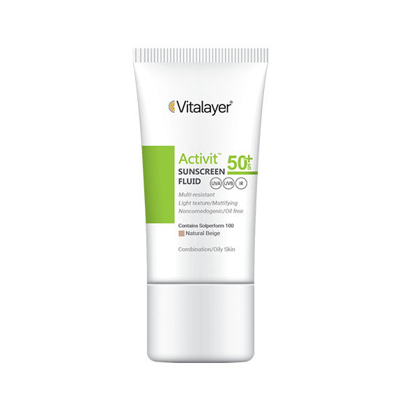 فلوئید ضدآفتاب رنگی ویتالیر SPF50 مدل Activit، مناسب پوستهای چرب، حجم 50 میلیلیتر