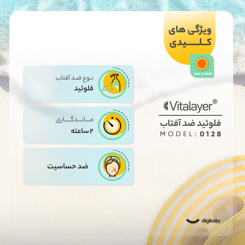 فلوئید ضد آفتاب بیرنگ ویتالیر، spf 50، مدل 0128، مناسب پوست های حساس با حجم 50 میلیلیتر، ضد حساسیت، محافظتکننده در برابر اشعههای UVA و UVB، دارای فرمولاسیون دی اکسید تیتانیوم و اکسید روی، با ماندگاری 2 ساعته