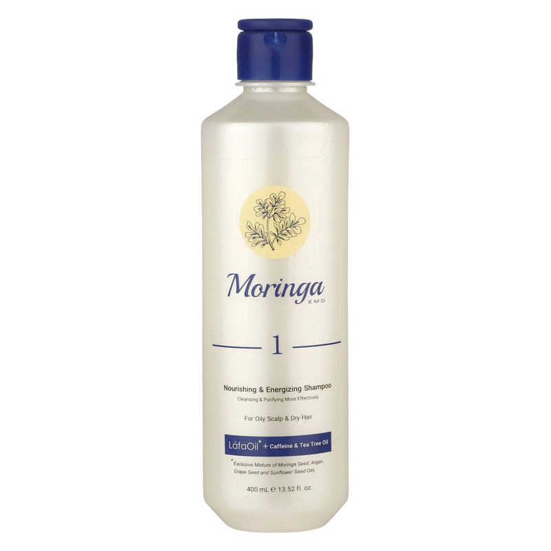 شامپو تقویت کننده و ضد ریزش مو مورینگا امو مخصوص پوست سر چرب و سازگار با موهای خشک، حجم 400 میلیلیتر مدل 1، حاوی ویتامین E، B5 و کافئین، بدون سولفات، با قابلیت میزان سازی چربی مو و پوست سر، با عصاره لافااویل و روغن درخت چای