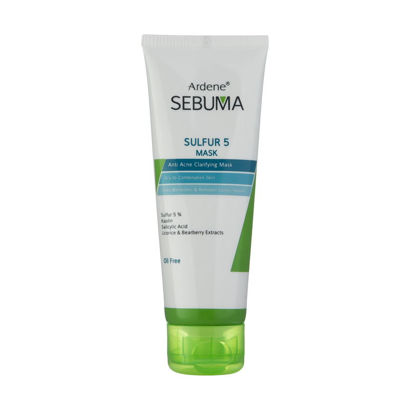 ماسک صورت آردن سبوما مدل Sulfur 5 حجم 75 میلیلیتر مناسب پوست مختلط با خاصیت ضد جوش، پاکسازی منافذ، جذب چربی اضافه، التیامدهنده و بازسازیکننده پوست، حاوی عصاره لیکوریس، چای سبز و آویشن