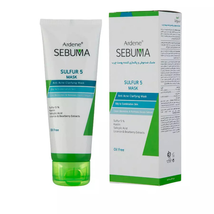 ماسک صورت آردن سبوما مدل Sulfur 5 حجم 75 میلیلیتر مناسب پوست مختلط با خاصیت ضد جوش، پاکسازی منافذ، جذب چربی اضافه، التیامدهنده و بازسازیکننده پوست، حاوی عصاره لیکوریس، چای سبز و آویشن