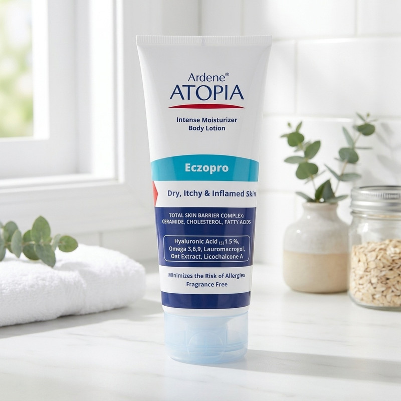 لوسیون بدن مرطوبکننده آردن آتوپیا مدل Eczopro حجم 200 میلیلیتر مناسب پوست خشک و درماتیت آتوپیک، فاقد عطر و الکل، حاوی هیالورونیک اسید %1.5، سرامید، گلیسیرین، تقویتکننده سد دفاعی پوست و ضد خارش