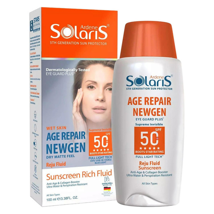 لوسیون ضد آفتاب بیرنگ آردن سولاریس، SPF 50، مدل Age Repair Newgen، مناسب انواع پوست با حجم 100 میلی لیتر، ضد آب و محافظتکننده در برابر اشعههای PA++++ ،UVA ،UVB، ضد پیری، دارای فرمولاسیون کلاژن، با ماندگاری ۲ ساعته