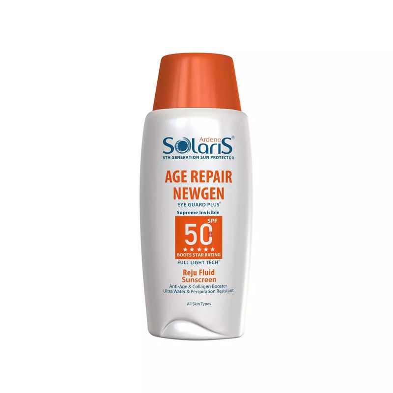 لوسیون ضد آفتاب بیرنگ آردن سولاریس، SPF 50، مدل Age Repair Newgen، مناسب انواع پوست با حجم 100 میلی لیتر، ضد آب و محافظتکننده در برابر اشعههای PA++++ ،UVA ،UVB، ضد پیری، دارای فرمولاسیون کلاژن، با ماندگاری ۲ ساعته