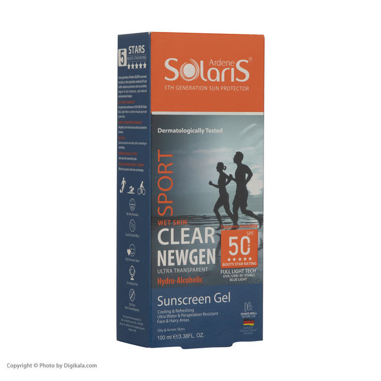 ژل ضدآفتاب بیرنگ آردن سولاریس SPF50 مدل Clear Newgen، مناسب پوستهای چرب، حجم 100 میلیلیتر