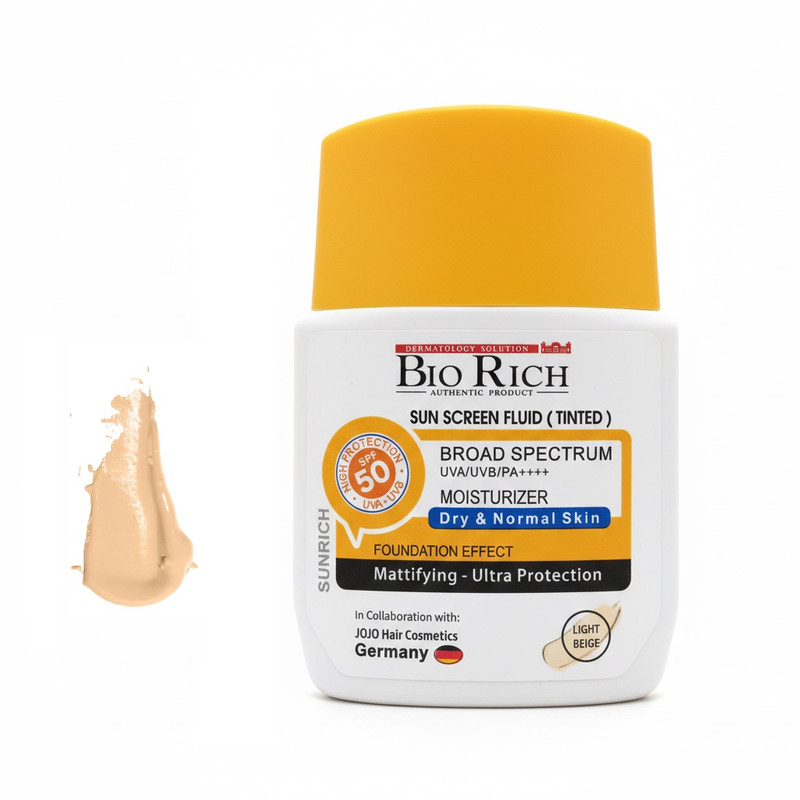 فلوئید ضد آفتاب رنگی صورت بایوریچ SPF 50 مدل BROAD SPECTRUM محافظ UVA ،UVB و PA+++ مناسب برای پوست خشک و معمولی حجم 50 میلیلیتر